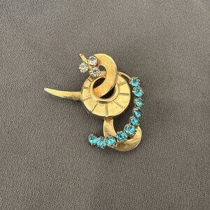vintage mid century modern Gold Clear And Blue Rhinestone Brooch Pin
